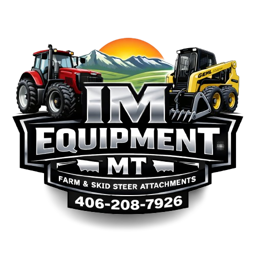 Logo for IM Equipment featuring a red tractor, a yellow skid steer loader, mountain range, sunrise, and text with contact information for farm and skid steer attachments.