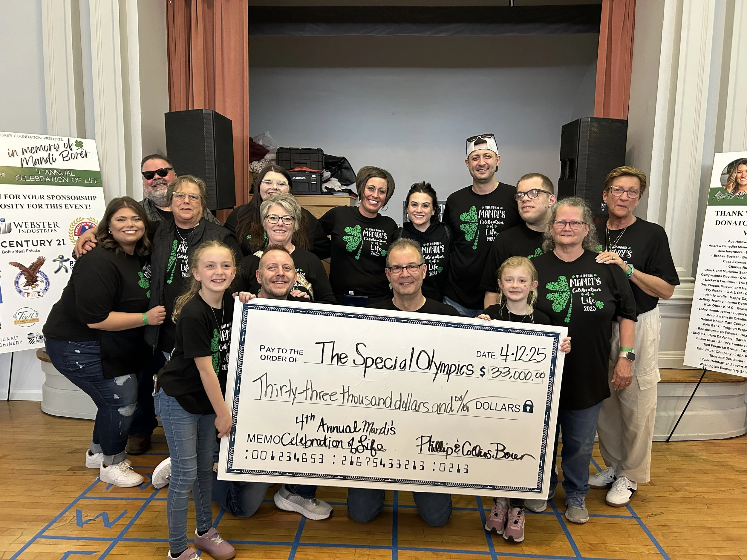 Group of people holding a large check at an event, celebrating the 4th annual Mandi's Celebration of Life in 2023. The check is for $33,000, made out to The Special Olympics, dated April 12, 2025.