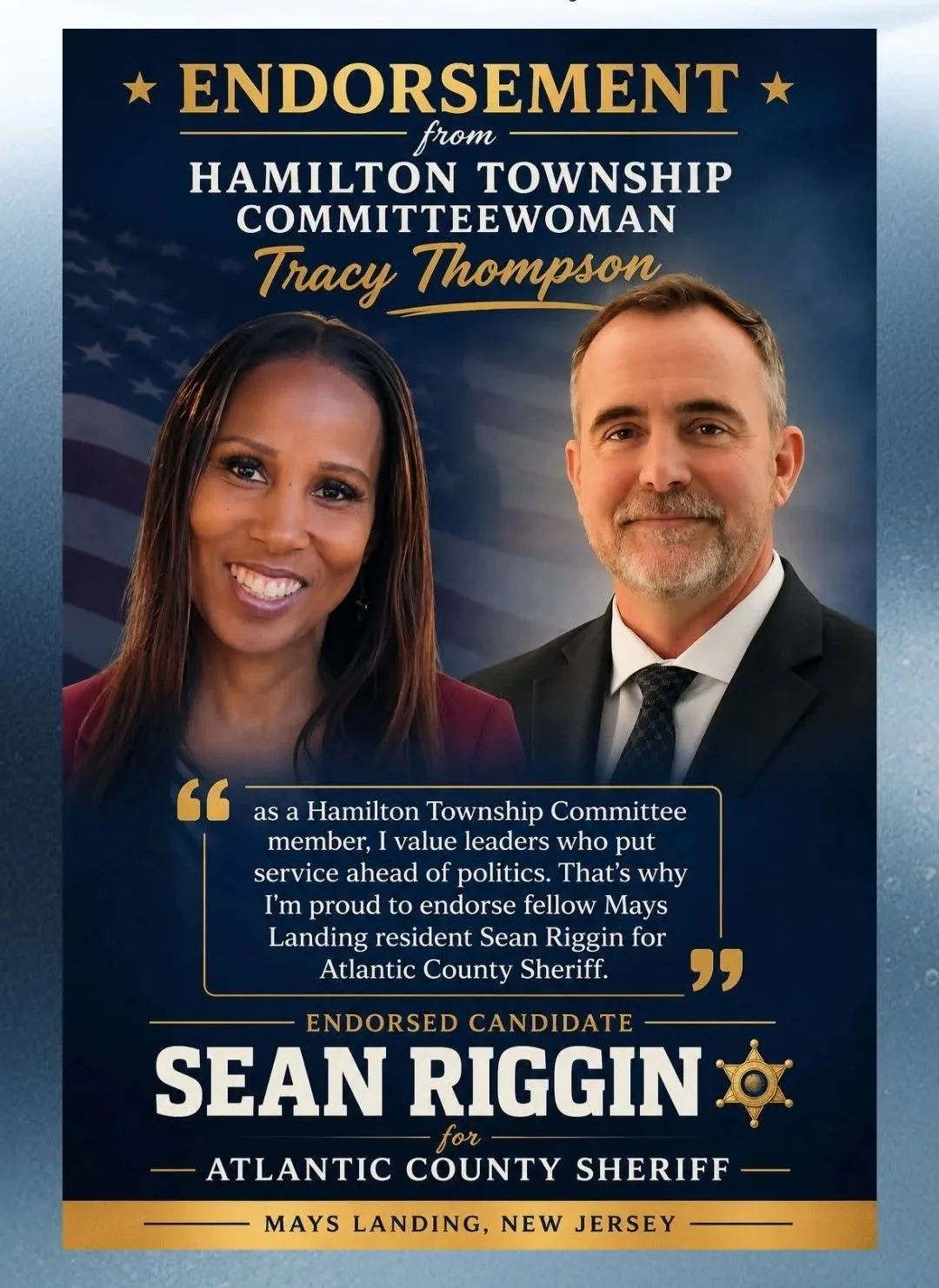 Committeewoman Thompson, Thank you for being part of our mission to bring experienced, effective, progressive law enforcement leadership to the ACSO. Your words and support are truly appreciated.
