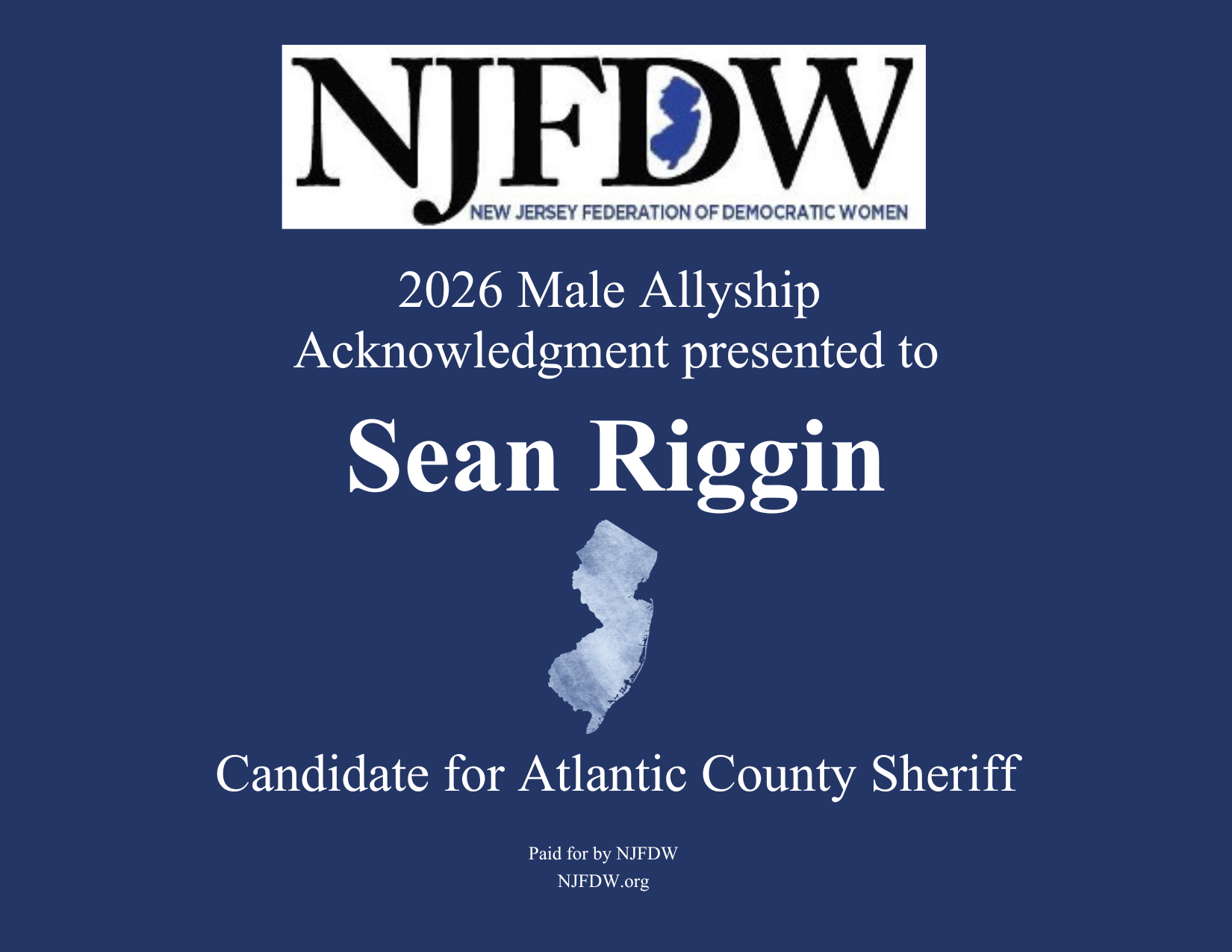 I'm grateful to the New Jersey Federation of Democratic Women for selecting me and my candidacy for an allyship acknowledgement. According to the NJFDW, this recognition signals "your dedication to fostering environments where women can lead, thrive,