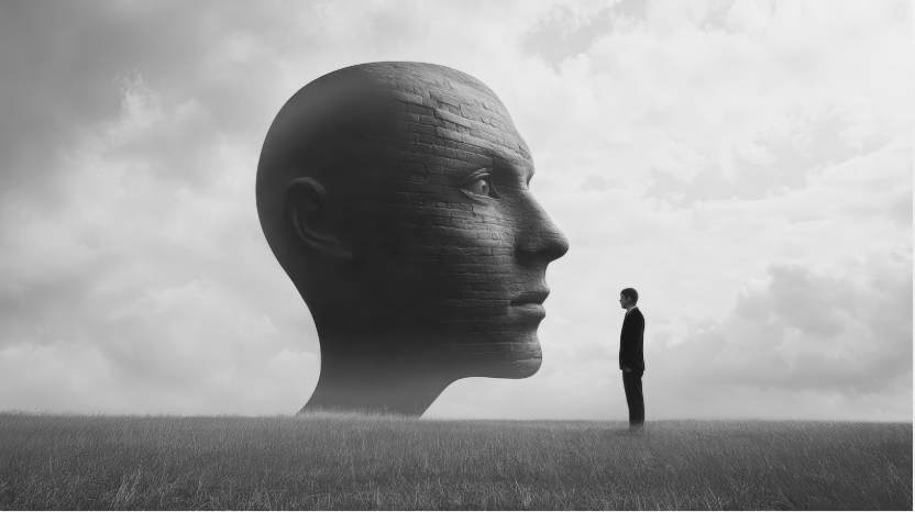 A black and white photo of a man in a suit standing on grass, facing a large, giant human head sculpture with a detailed face, set against a cloudy sky.