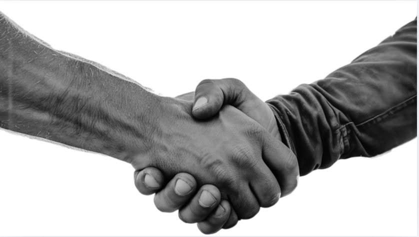 Close-up of two people shaking hands, one person wearing a leather jacket and the other person's arm showing signs of aging.