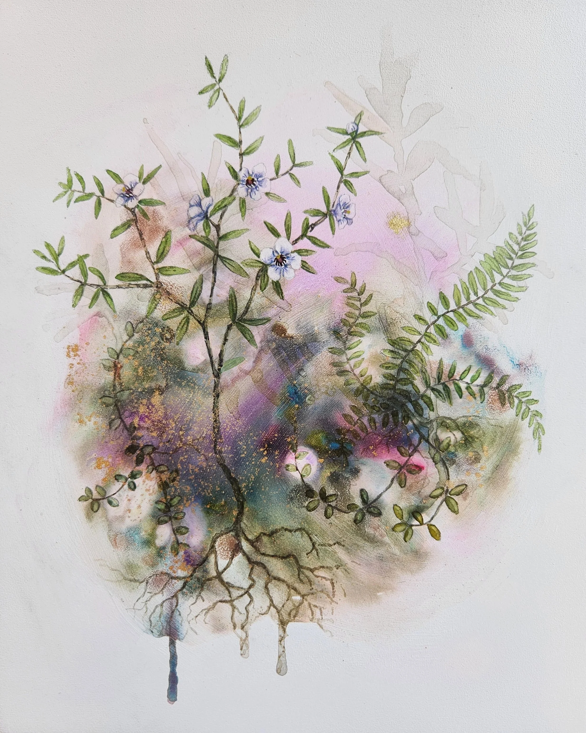 'Mānuka Magic'
Watercolour, ink, natural pigment & gold dust on board. 2025
252mm x 205mm x 50mm
SOLD  