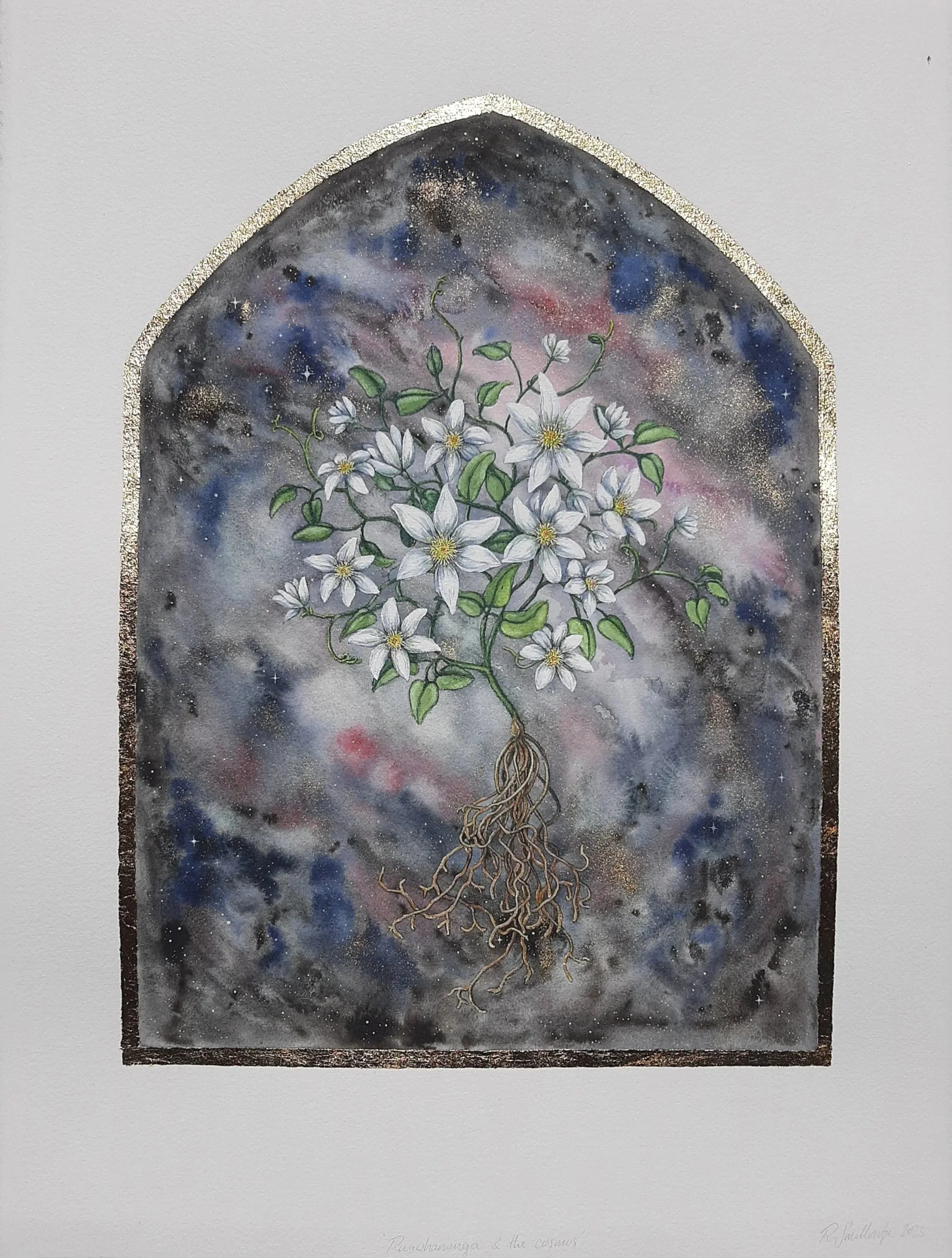 'Puawānanga & cosmos'
Watercolour, ink, acrylic & gold leaf on paper. 2023
SOLD 