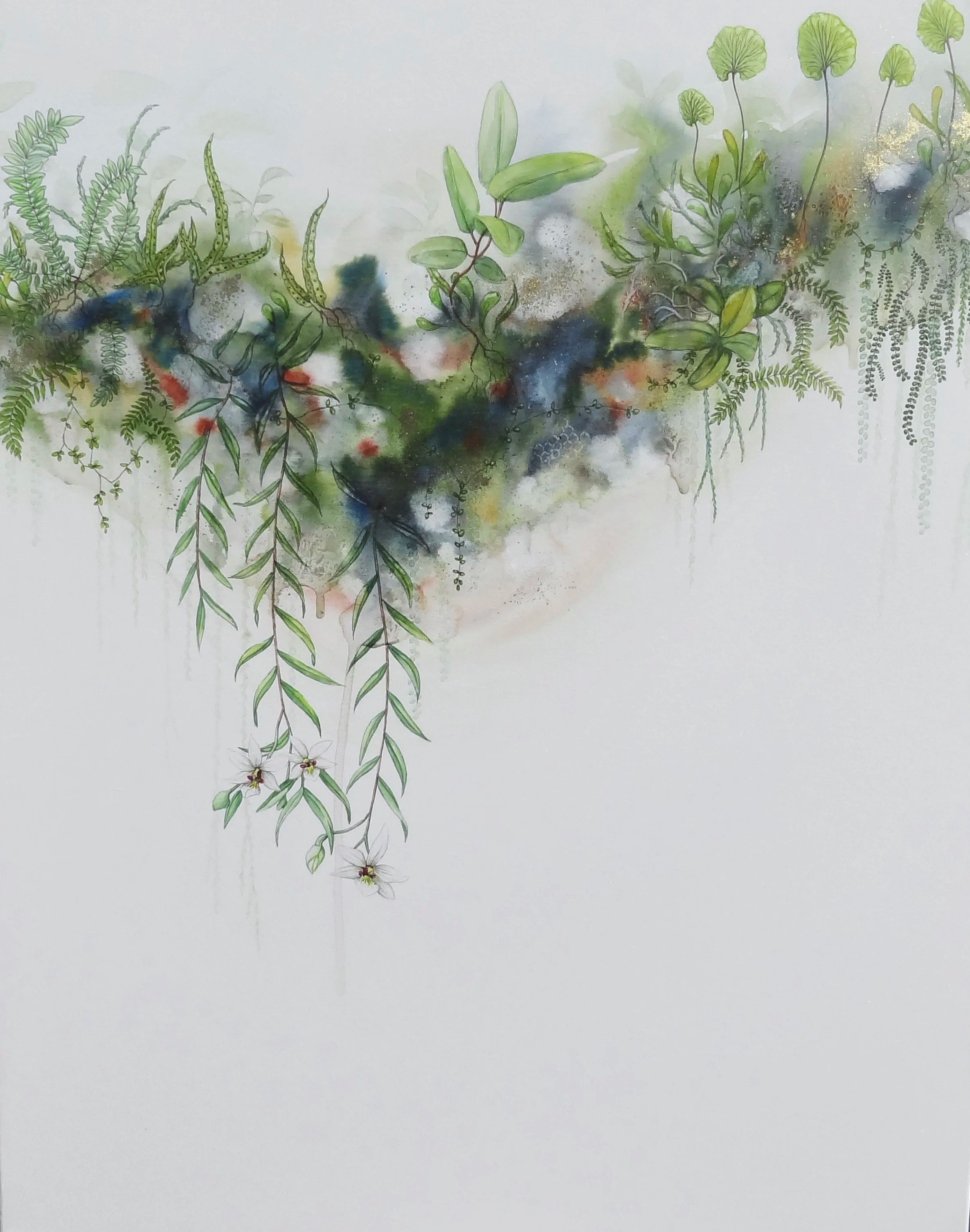 'Pekapeka & friends'
Watercolour, ink, natural pigment & gold dust on canvas. 2024. 
610mm x 760mm.
Available at The Coolstore Gallery, Māpua
Limited edition of 30, giclee prints available