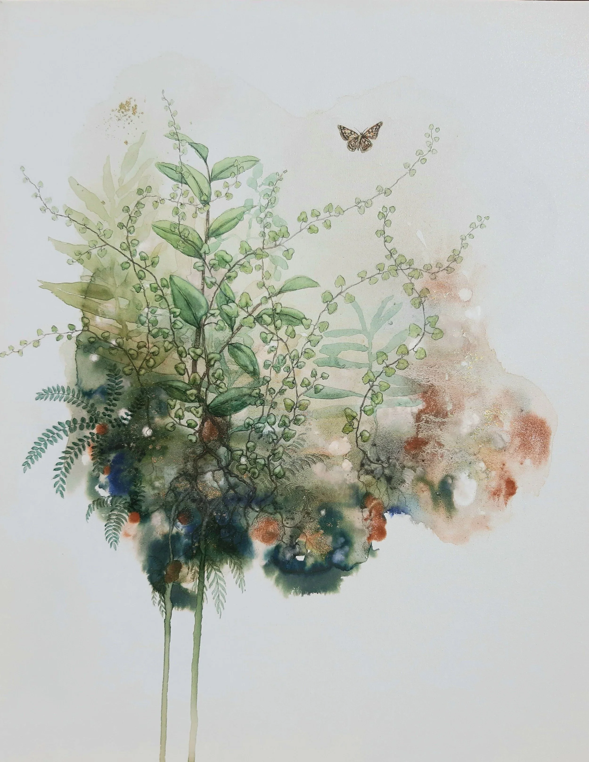 'Pōhuehue& Pepe para riki'
Watercolour, ink & natural pigment on canvas. 
Available at The Artists Room Gallery, Dunedin