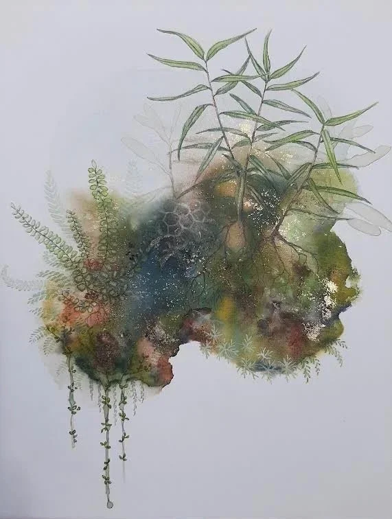 'Symbiosis #1'
Watercolour, ink, natural pigment & gold dust on canvas. 2022.
250mm x 305mm
SOLD
