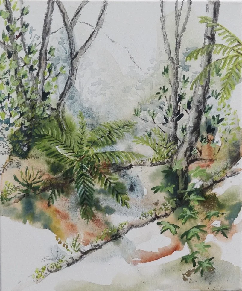 'Forest study #2'  
Oil, watercolour, charcoal & gold dust on canvas. 2024
250mm x 300mm
Available at Ata Ceramics, Lyttelton 