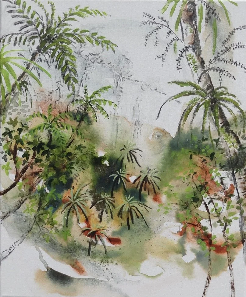 'Forest study #1' 
oil, watercolour, charcoal & gold dust on canvas. 2024
250mm x 300mm
Available at Ata Ceramics, Lyttelton 
