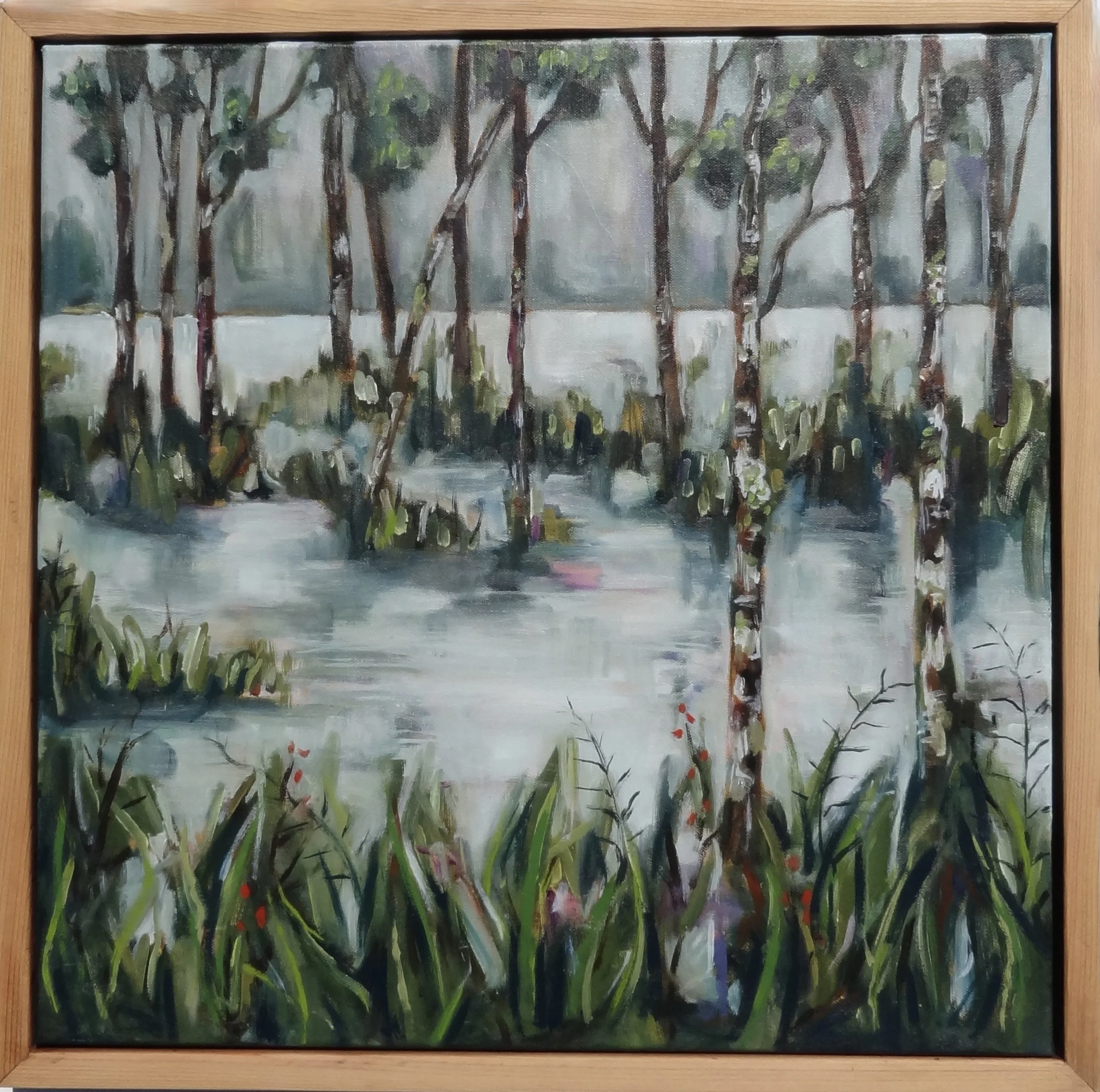 'Kahikatea / Carbon sink'
Oil on canvas, framed in recycled cedar. 2024 
550mm x 550mm x 60mm
SOLD 