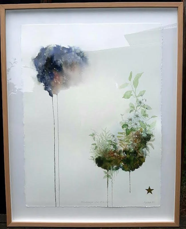 'Puawhānanga - Stars of the forest'
Watercolour, ink, natural pigment & gold leaf on paper. 2021
725mm x 913mm (Framed)
SOLD  