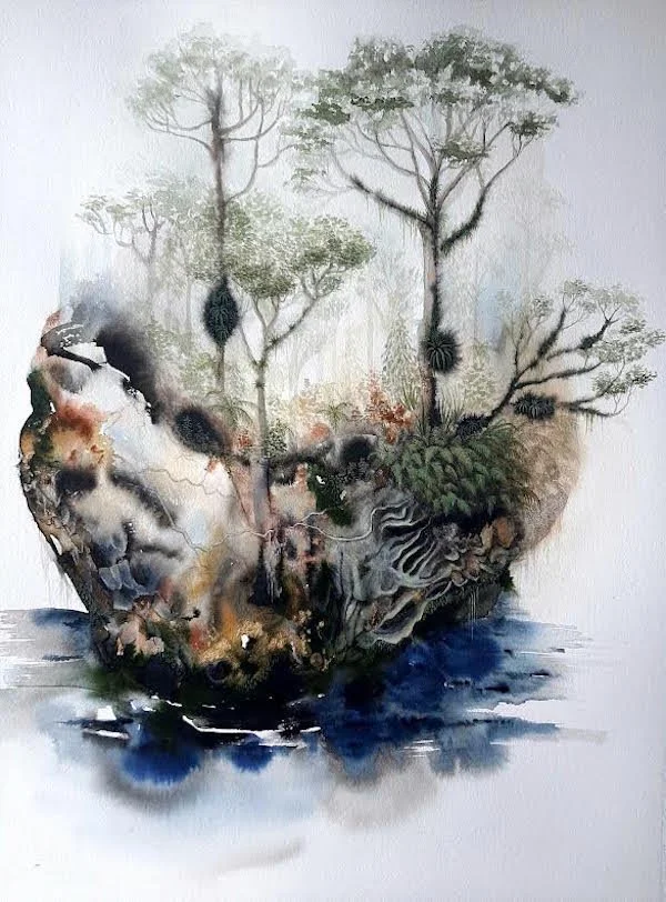 'Waitakere Ecosystem'
Watercolour, ink, natural pigment & gold dust on paper. 2020
575mm x 760mm 
SOLD 