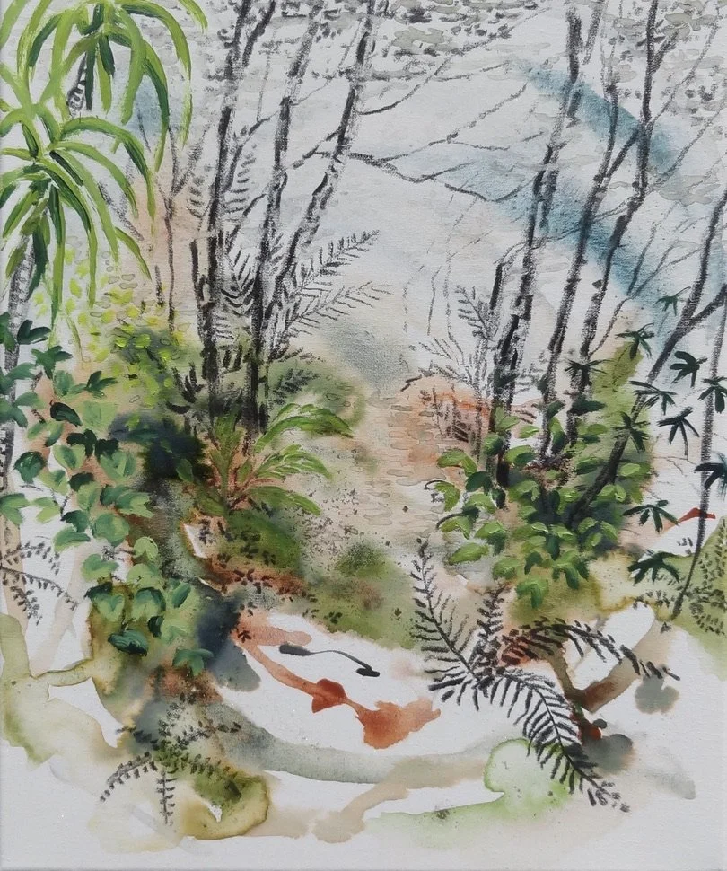 'Forest study #3'
Oil, watercolour, charcoal & gold dust on canvas. 2024
250mm x 300mm
Available at Ata Ceramics, Lyttelton 