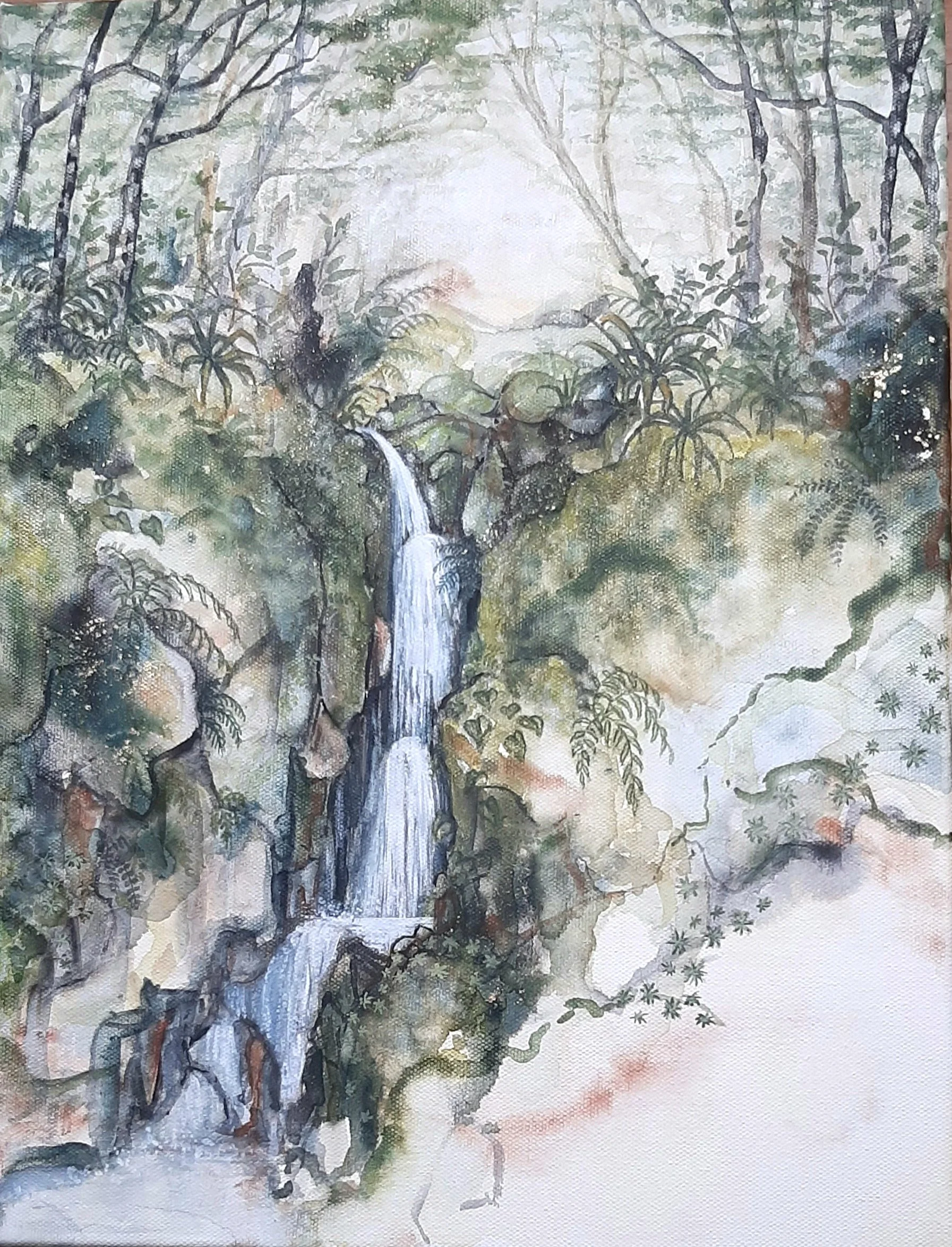 'Reverence'
Watercolour, ink, natural pigment & gold dust on canvas. 2025
305mm x 404mm 
Available at Little River Gallery, Little River. 