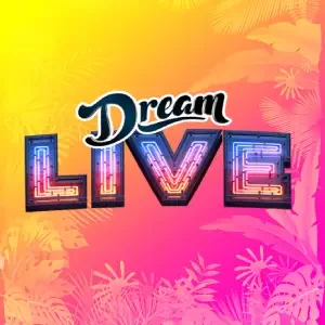 Colorful background with pink, yellow, and orange shades, featuring the words 'Dream Live' in neon-style lettering.