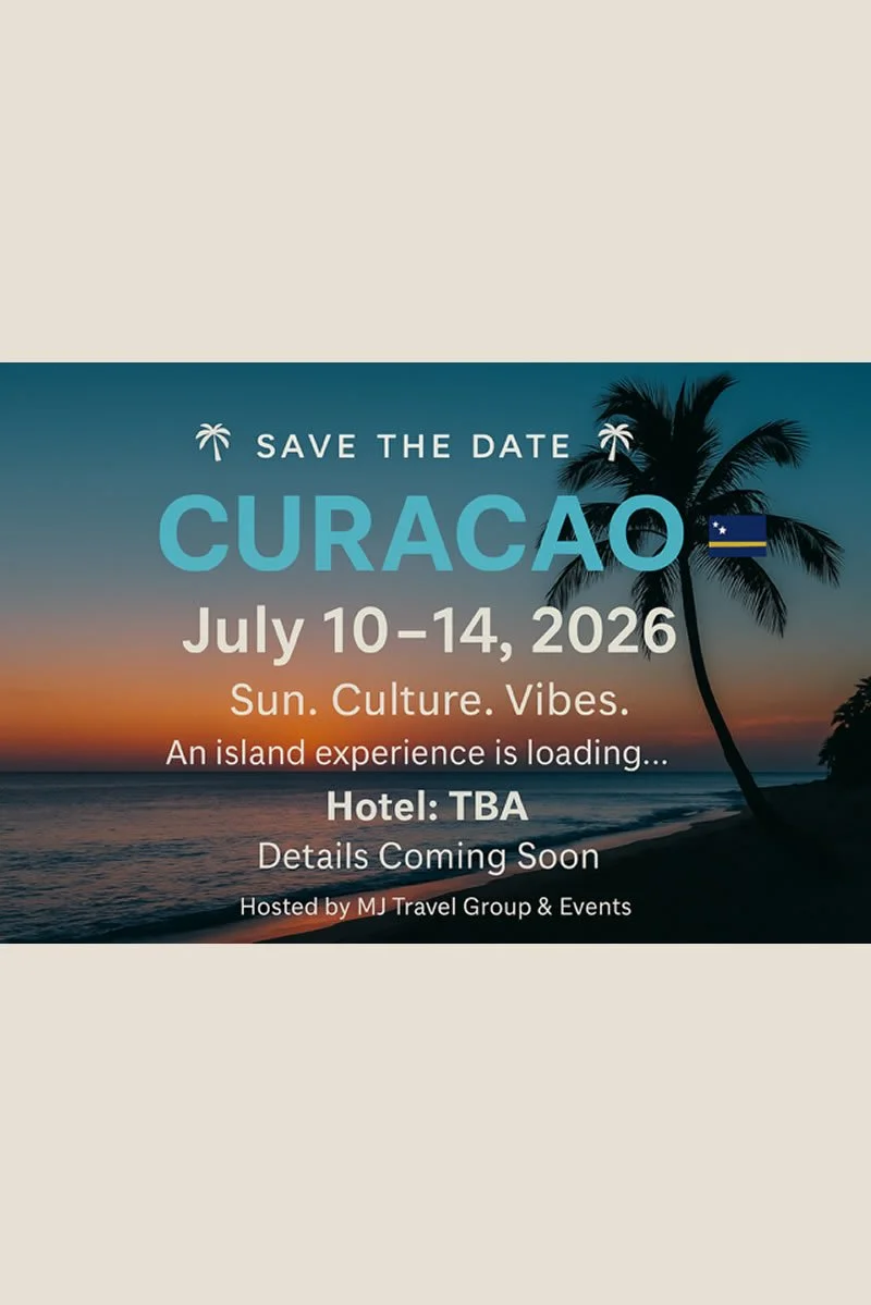 Save the date for a trip to Curacao from July 10 to 14, 2026, featuring sun, culture, and vibes. The background shows a sunset over the ocean with palm trees, and a small Curacao flag is visible on a palm tree.