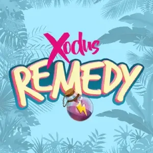 Logo for Xodus Remedy with tropical leaf background, pink and yellow text, and a purple globe with a lightning bolt.