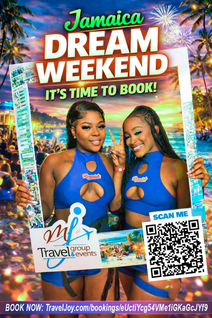 Two women in blue swimsuits posing at a Jamaica Dream Weekend event, holding a promotional frame with a QR code, tropical palm trees, fireworks, and a lively crowd in the background.