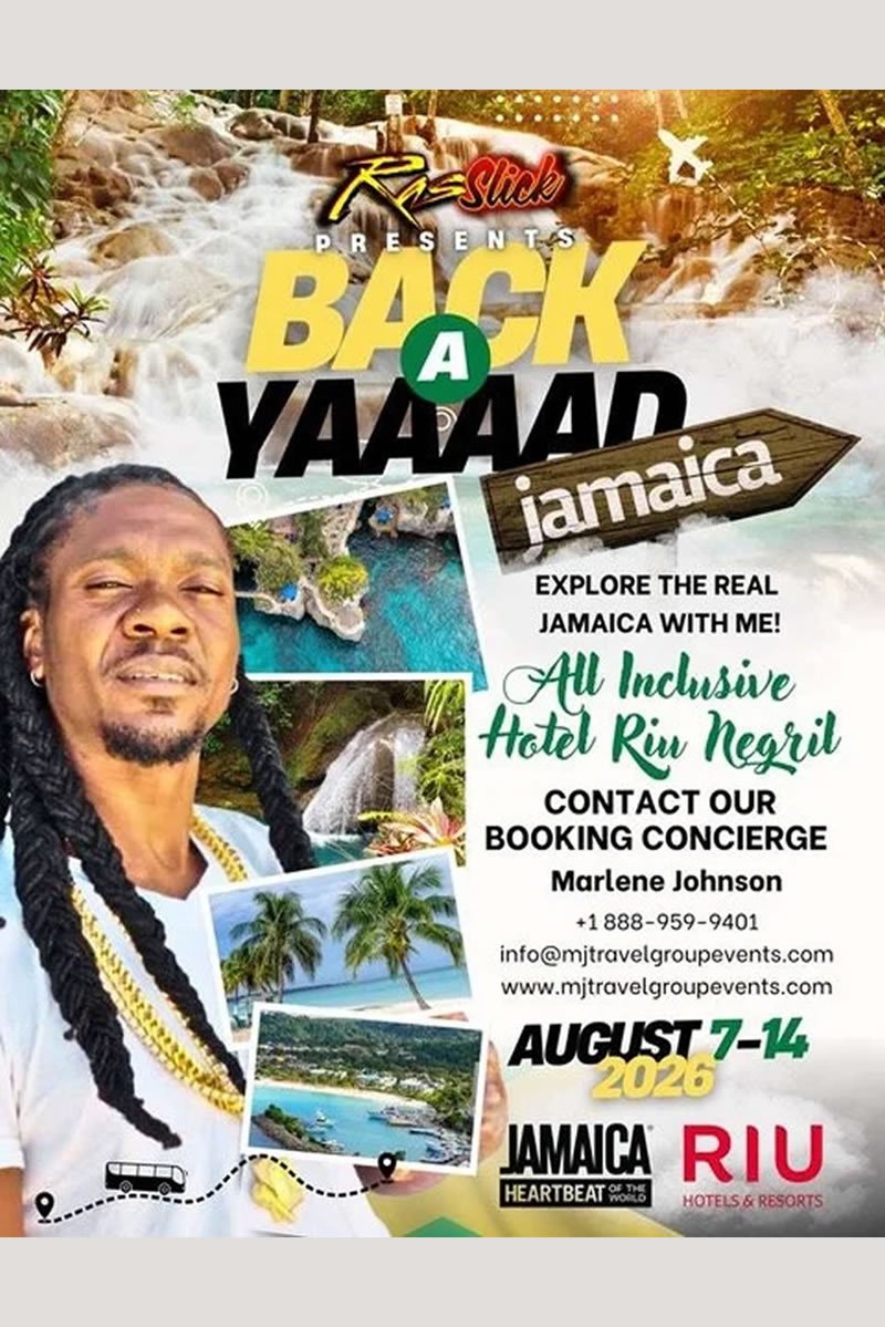 Promotional poster for a trip to Jamaica, featuring a man with long braided hair and various images of the Jamaican landscape, waterfalls, and beaches. The event is scheduled from August 7th to 14th, 2026, with contact information for booking.