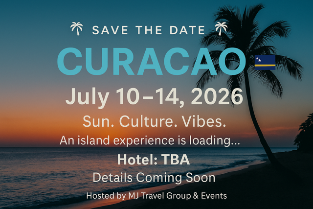 Save the date for a trip to Curacao from July 10 to 14, 2026, featuring sun, culture, and vibes. The background shows a sunset over the ocean with palm trees, and a small Curacao flag is visible on a palm tree.