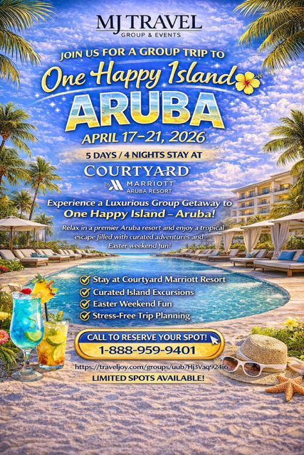 Travel advertisement for a group trip to Aruba from April 17-21, 2026, featuring a beach scene with palm trees, a pool, and resort amenities.