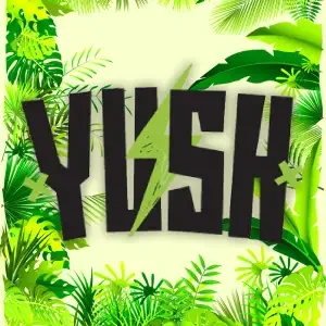 Bold black text spelling 'YUSH' against a green jungle background with various tropical leaves.
