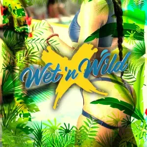 A woman in a bikini standing among tropical greenery with a colorful overlay and the words 'Wet n' Wild' in blue and yellow.