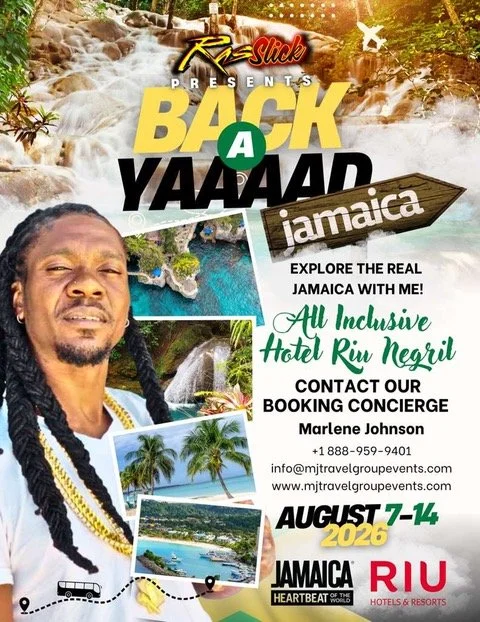 Promotional poster for a trip to Jamaica, featuring a man with long braided hair and various images of the Jamaican landscape, waterfalls, and beaches. The event is scheduled from August 7th to 14th, 2026, with contact information for booking.
