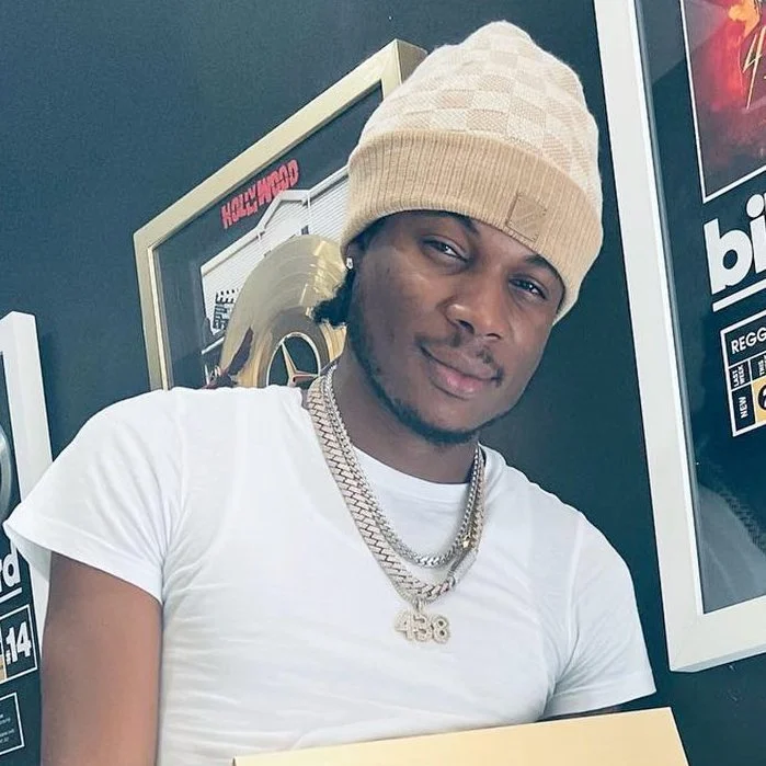 Young man wearing a beige beanie, white T-shirt, and a gold chain with a pendant. He is smiling and standing indoors near framed pictures and posters.