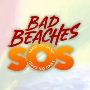 Logo for the TV show 'Bad Beaches' with the title in red and orange text, featuring a surfboard and sand icon.