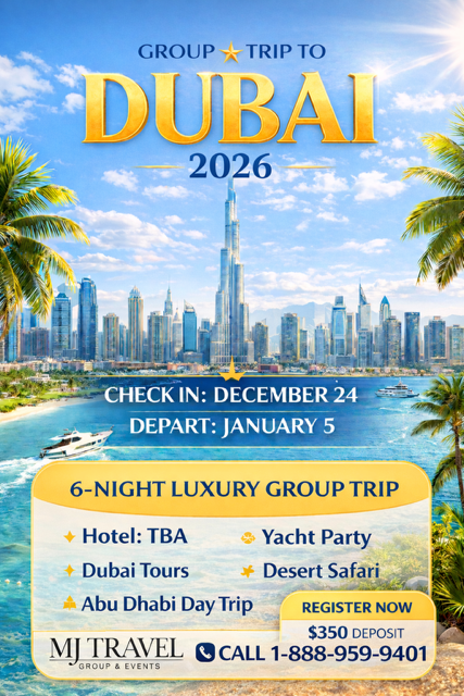 Promotional flyer for a group trip to Dubai in 2026, featuring a cityscape with the Burj Khalifa, palm trees, and water. Includes trip details, activities, dates, and registration information.