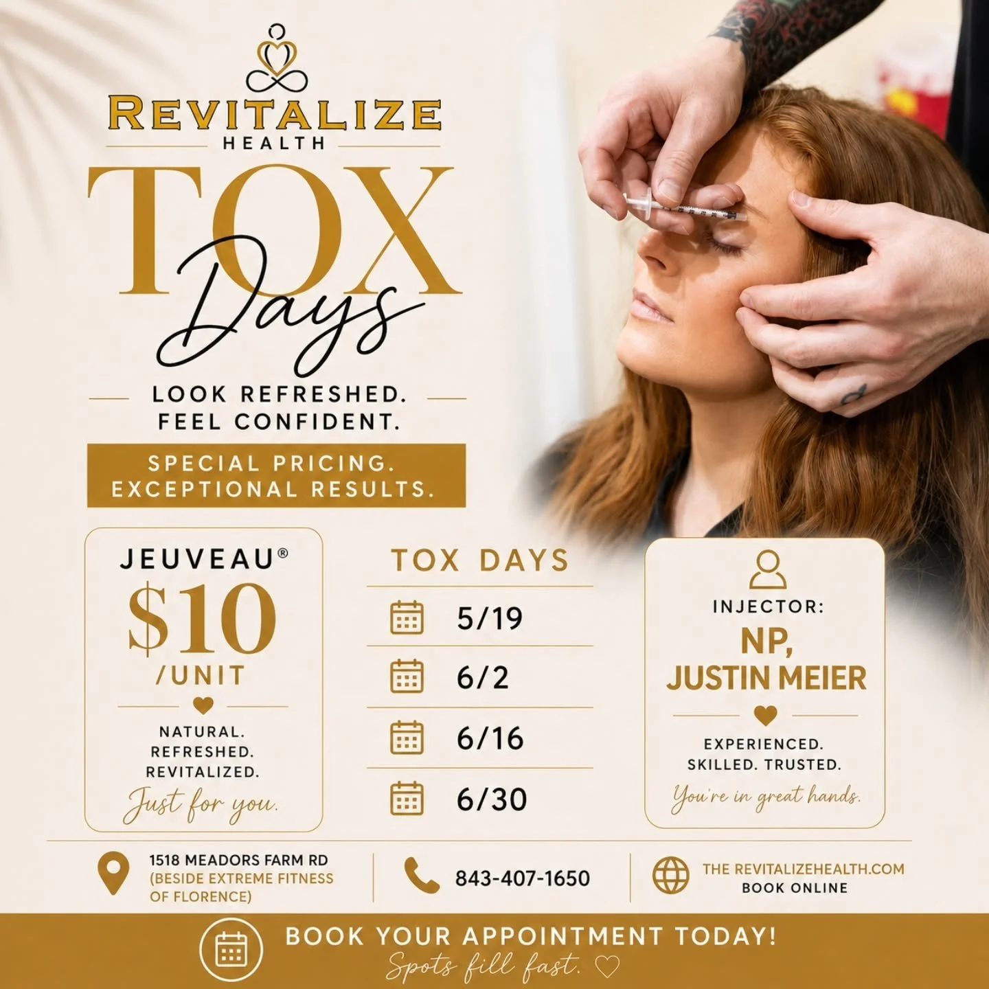 ☀️ TOX DAYS are here at Revitalize Health

Refresh your look and feel confident with Jeuveau&reg; for just $10/unit with NP, Justin Meier.

☀️ Upcoming Tox Days: 
&bull; 5/19
&bull; 6/2
&bull; 6/16
&bull; 6/30

Whether you&rsquo;re wanting to soften 