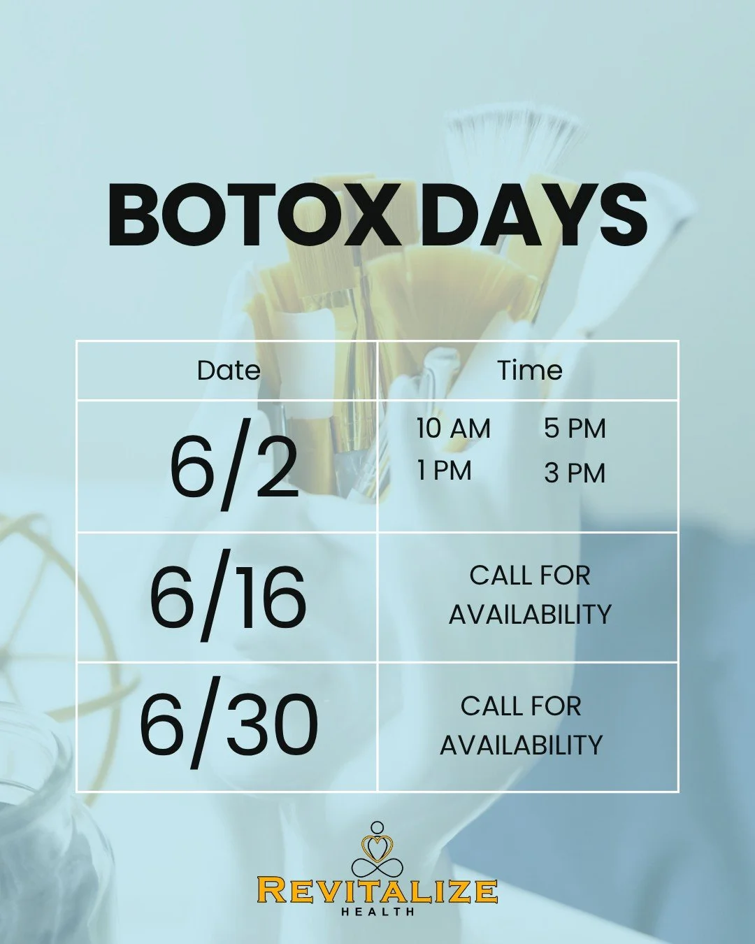 Botox Days are back at Revitalize Health! 💉

Jeuveau&reg; at $10/unit &mdash; book your spot before it fills up.

📅 6/2 &mdash; slots available at 10 AM, 1 PM, 3 PM &amp; 5 PM 📅 6/16 &mdash; call for availability 📅 6/30 &mdash; call for availabil