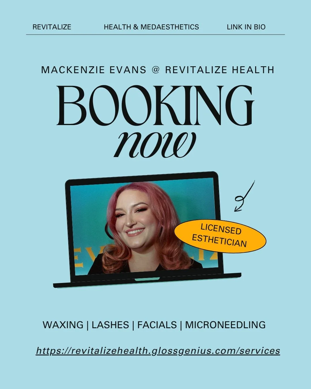 Mackenzie is now booking at Revitalize Health and her schedule is filling up!

Whether you're coming in for a fresh spray tan, set of lashes, a brow wax, a skin-transforming facial, or microneedling &mdash; she brings the skill and the care to make s