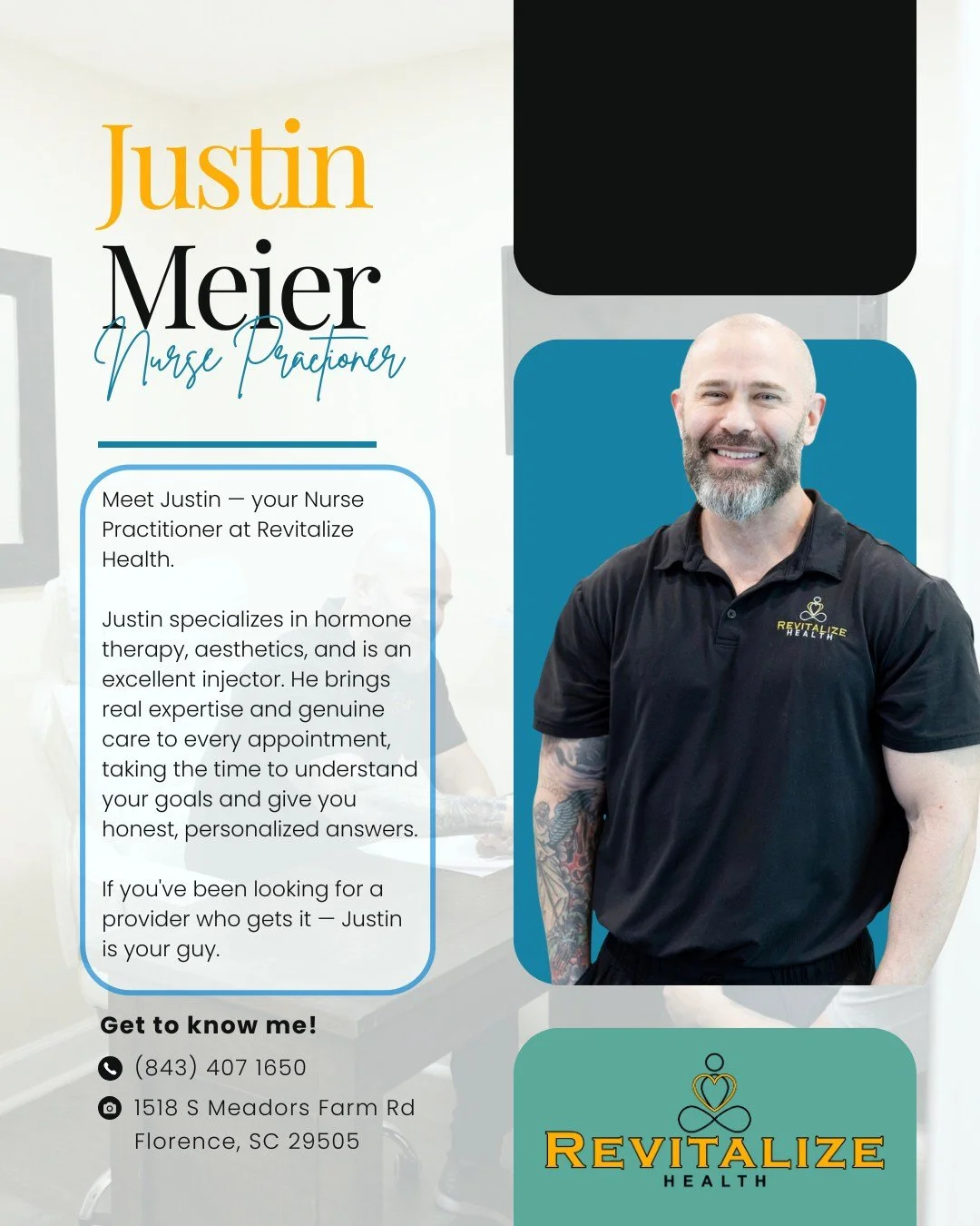 If you've been looking for a provider who actually knows their stuff and takes the time to care &mdash; you found him.

Justin is now booking at Revitalize Health. Come see what personalized care is supposed to feel like.

📞 (843) 407-1650 📍 1518 S