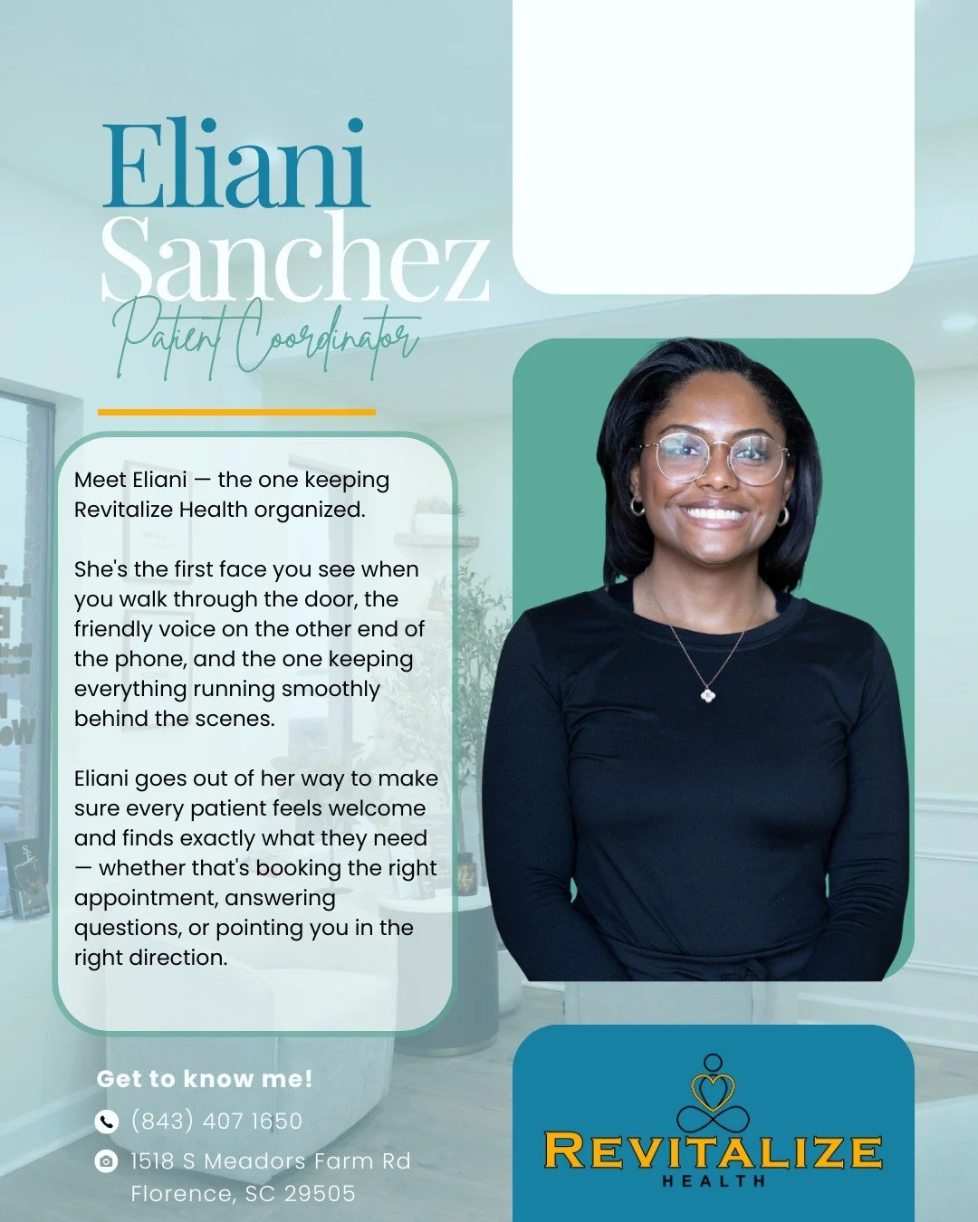 Every great clinic has that one person who makes everything feel easy &mdash; at Revitalize Health, that's Eliani.

Give her a call or stop in and see for yourself.

📞 (843) 407-1650 📍 1518 S Meadors Farm Rd, Florence, SC 29505 🔗 revitalizehealth.