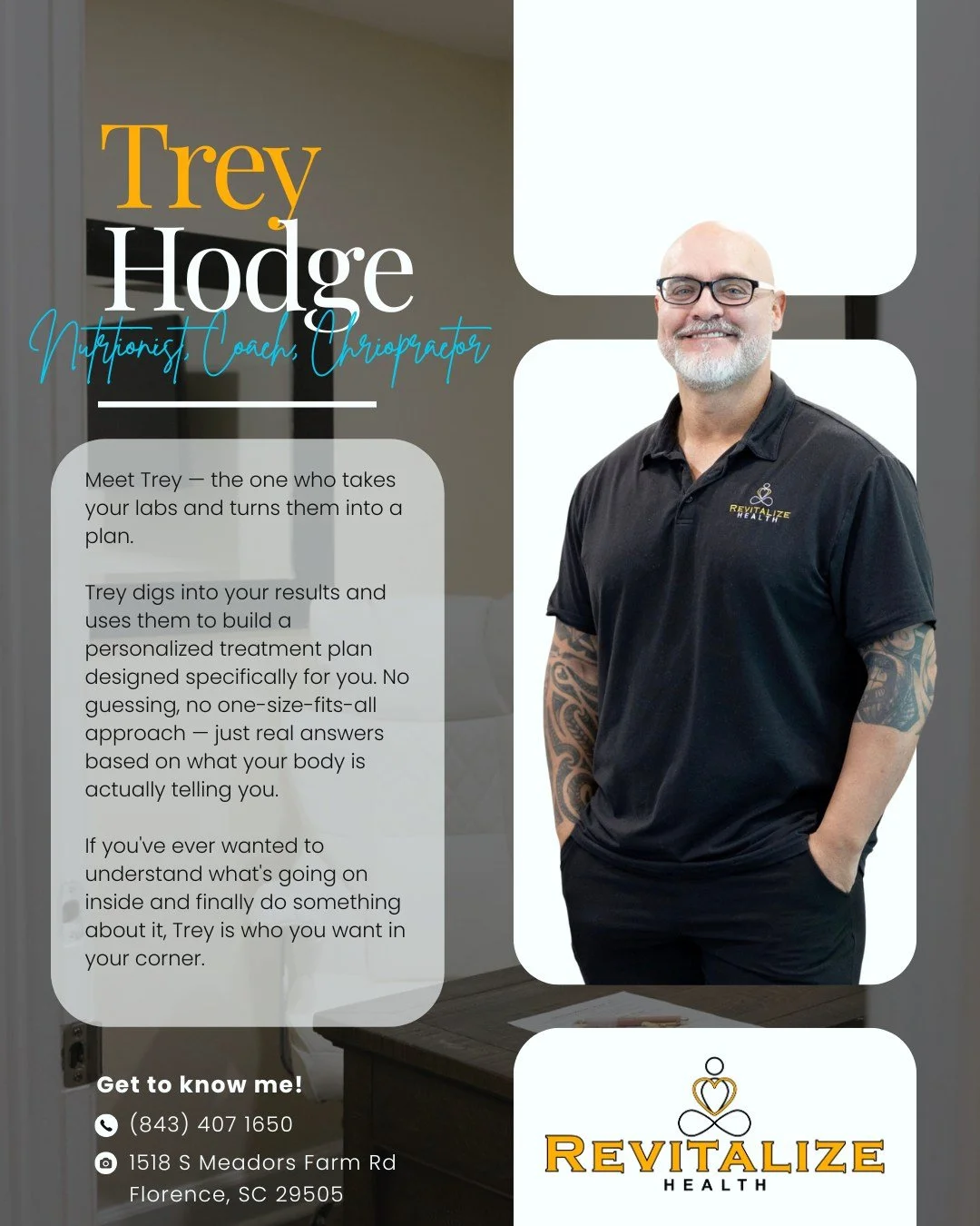 Your labs have a story. Trey knows how to read it.

As a Nutritionist, Coach, and Chiropractor, Trey brings a well-rounded perspective to your health. If you're ready for real answers and a plan built around you, he's your guy.

📞 (843) 407-1650 📍 
