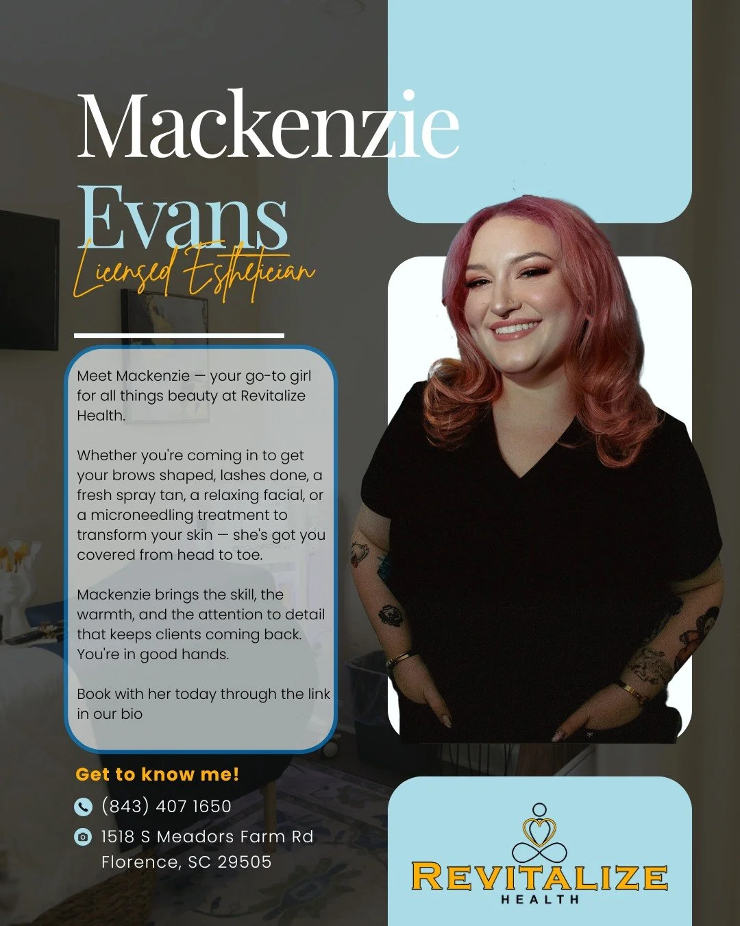 She's talented, she's warm, and she's going to make you look and feel amazing &mdash; come see Mackenzie at Revitalize Health.

📞 (843) 407-1650 📍 1518 S Meadors Farm Rd, Florence, SC 29505 🔗 revitalizehealth.glossgenius.com/services

#MeetTheTeam