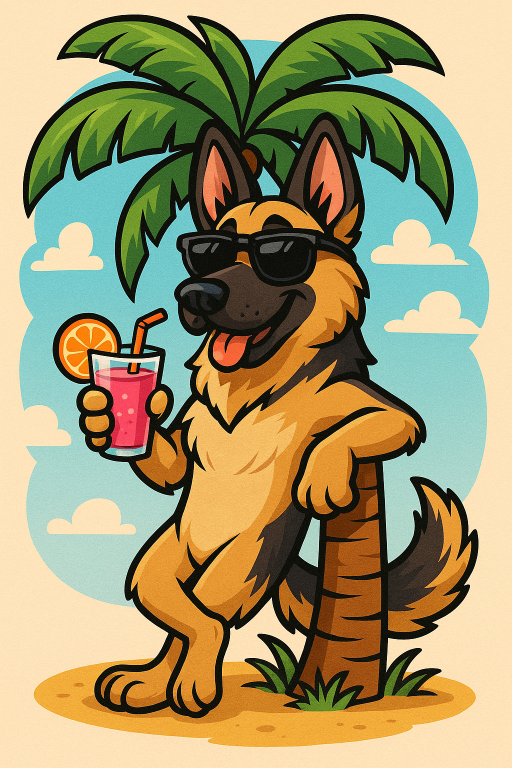 A cartoon German shepherd dog wearing sunglasses, holding a pink drink with an orange slice and straw, standing by a palm tree on a sunny beach.