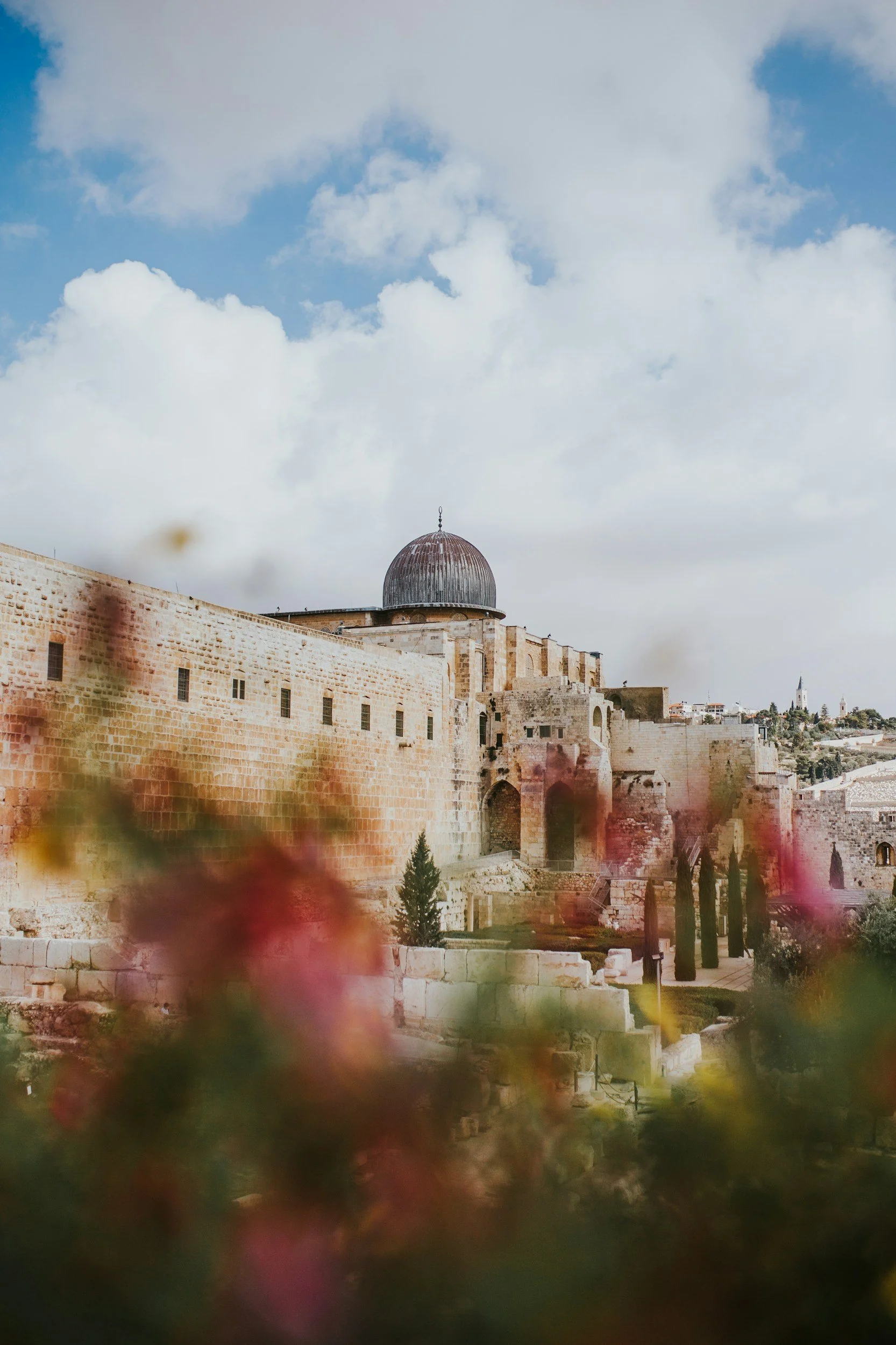 Historical stone fortress with a large dome, set against a partly cloudy blue sky, with blurred colorful flowers in the foreground.