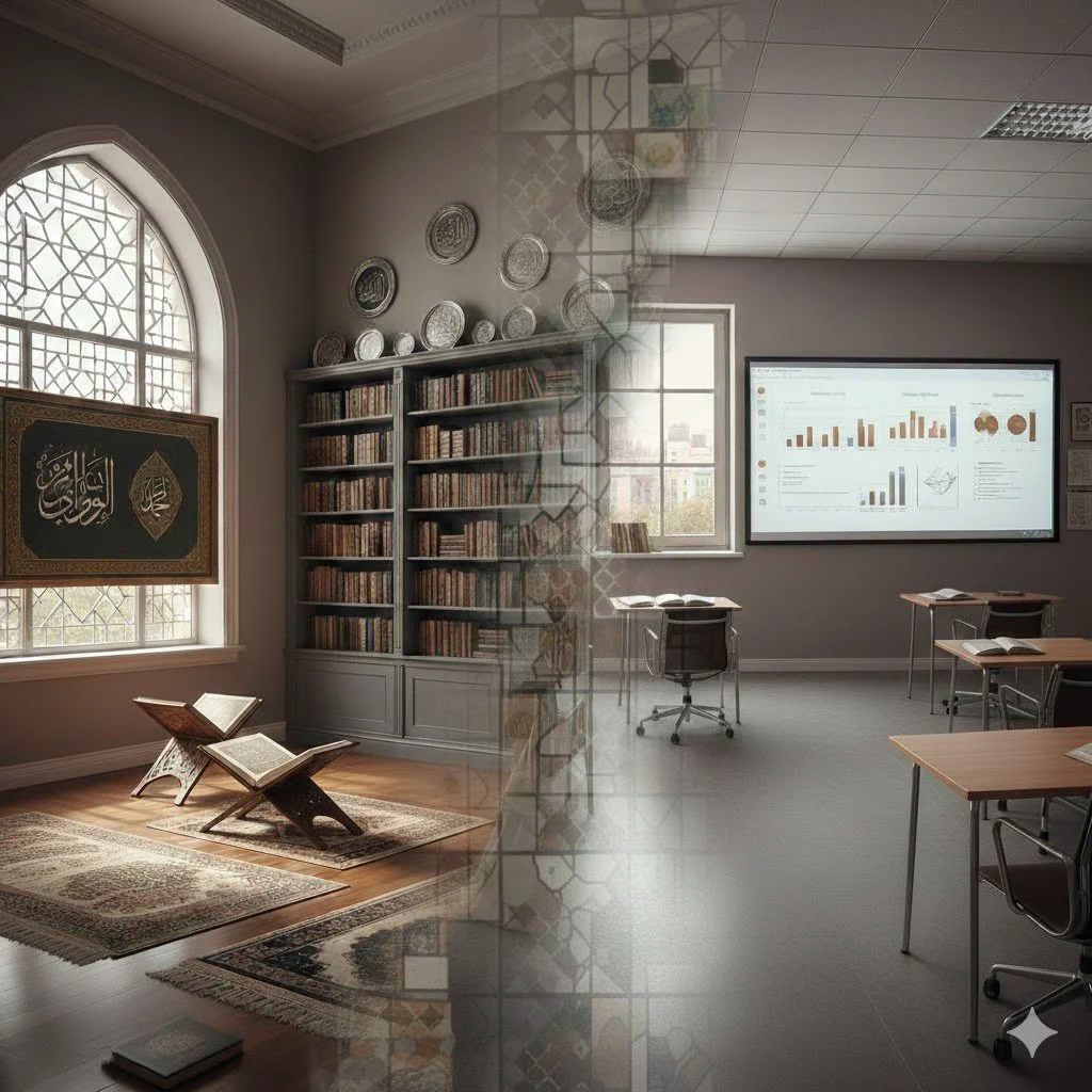 A split image showing a traditional library with a large window, a framed Arabic calligraphy art, a bookshelf filled with old books, and a Persian rug on the floor on the left side. The right side shows a modern classroom with a digital screen displaying charts and graphs, desks, chairs, and open books, with a small window and ceiling lights.