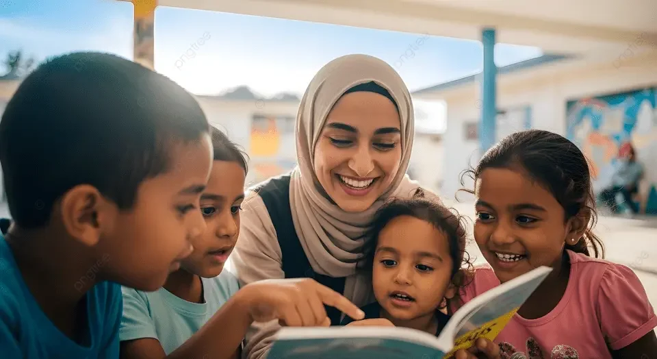 A smiling woman in a beige hijab and black top reads a book with four young children in colorful shirts, outdoors with a building and murals in the background.