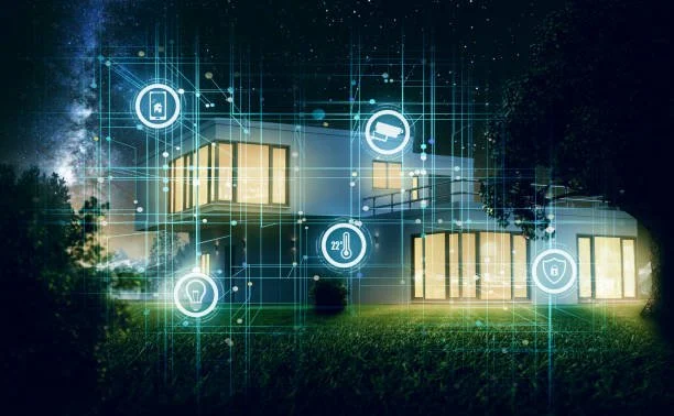 Illustration of a smart home connected to various devices such as a light bulb, thermostat, and security camera, represented by digital icons over the house at night.