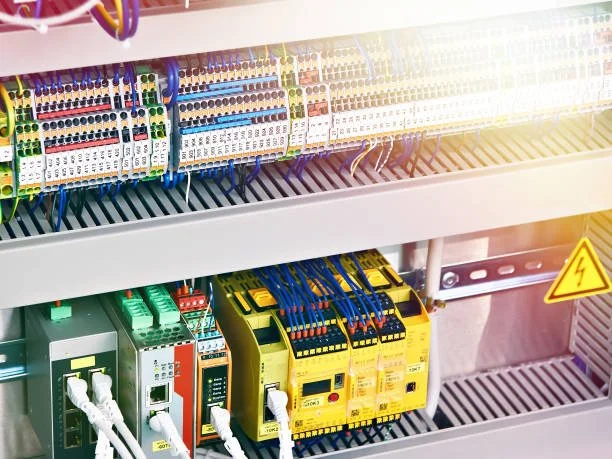 Electrical automated industrial control panel with colorful wiring, circuit breakers, and protective devices