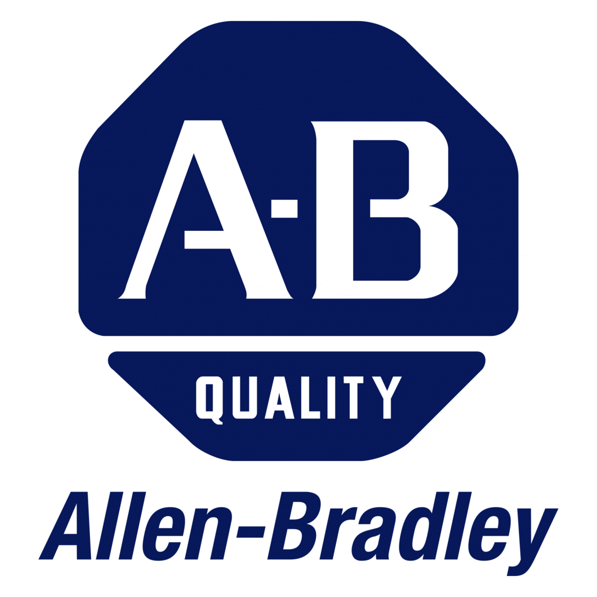 Logo with 'A-B' in large letters inside a blue hexagon with rounded edges, the word 'QUALITY' underneath, and 'Allen-Bradley' in blue text below.