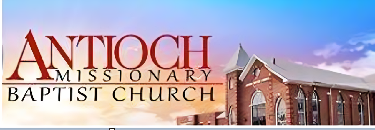 The logo of Antioch Missionary Baptist Church with a background of a brick church building and a colorful sky.