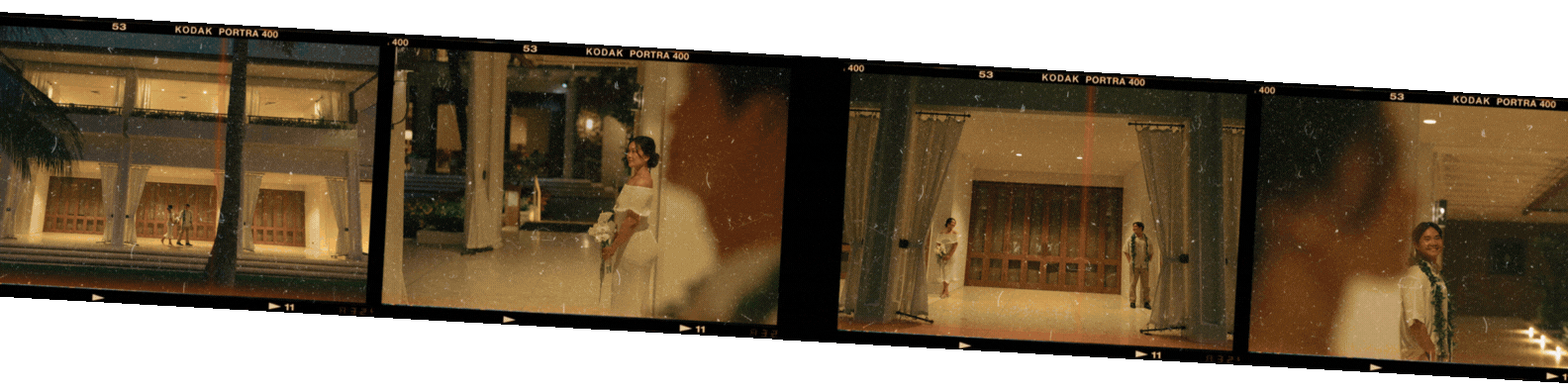 Animated film strip of wedding photos shot on Kodak Portra 400, showing a bride in a white off-shoulder gown in a warmly lit venue