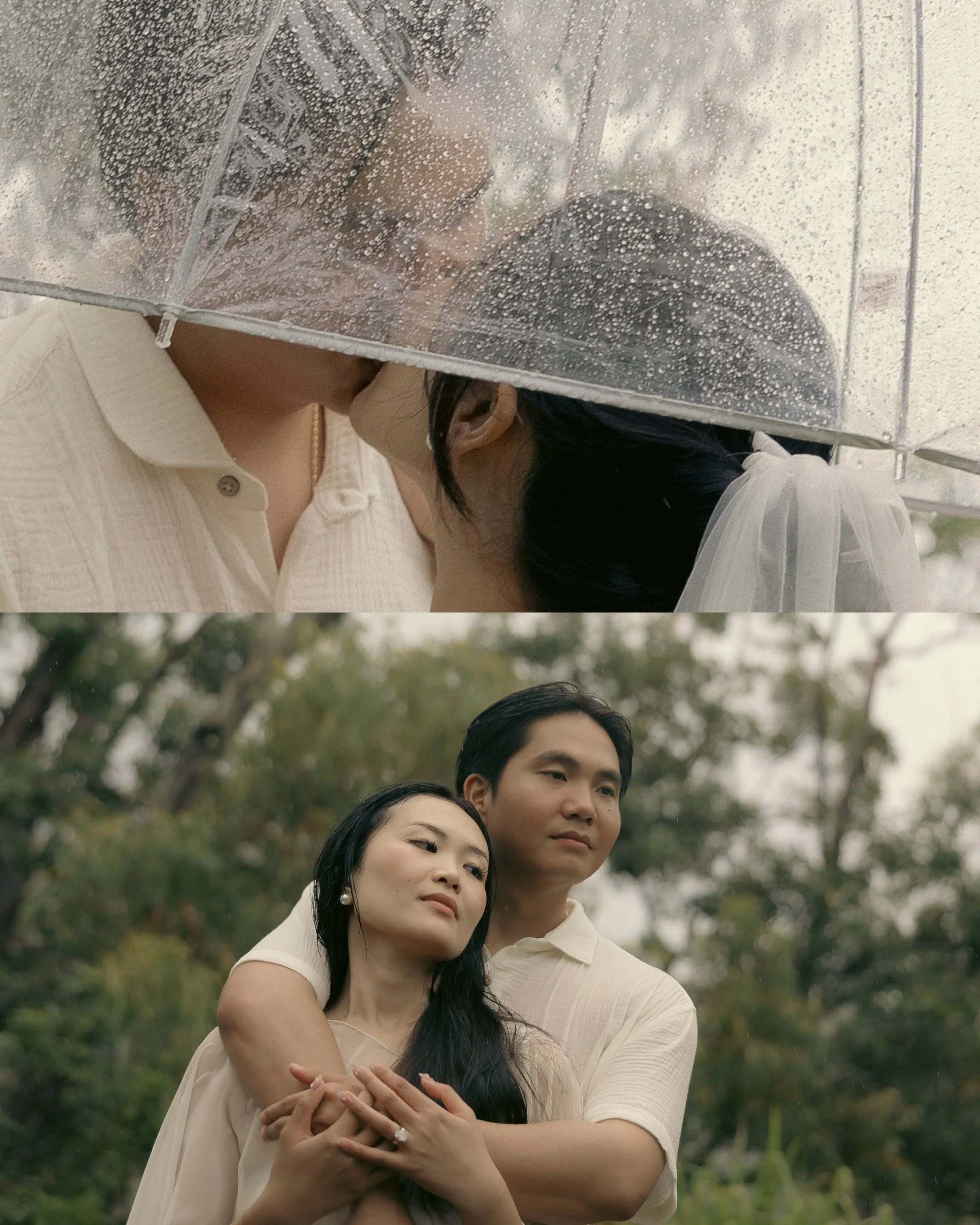 Couple kissing under clear umbrella in the rain during Oahu micro wedding photography at Waimano Trail