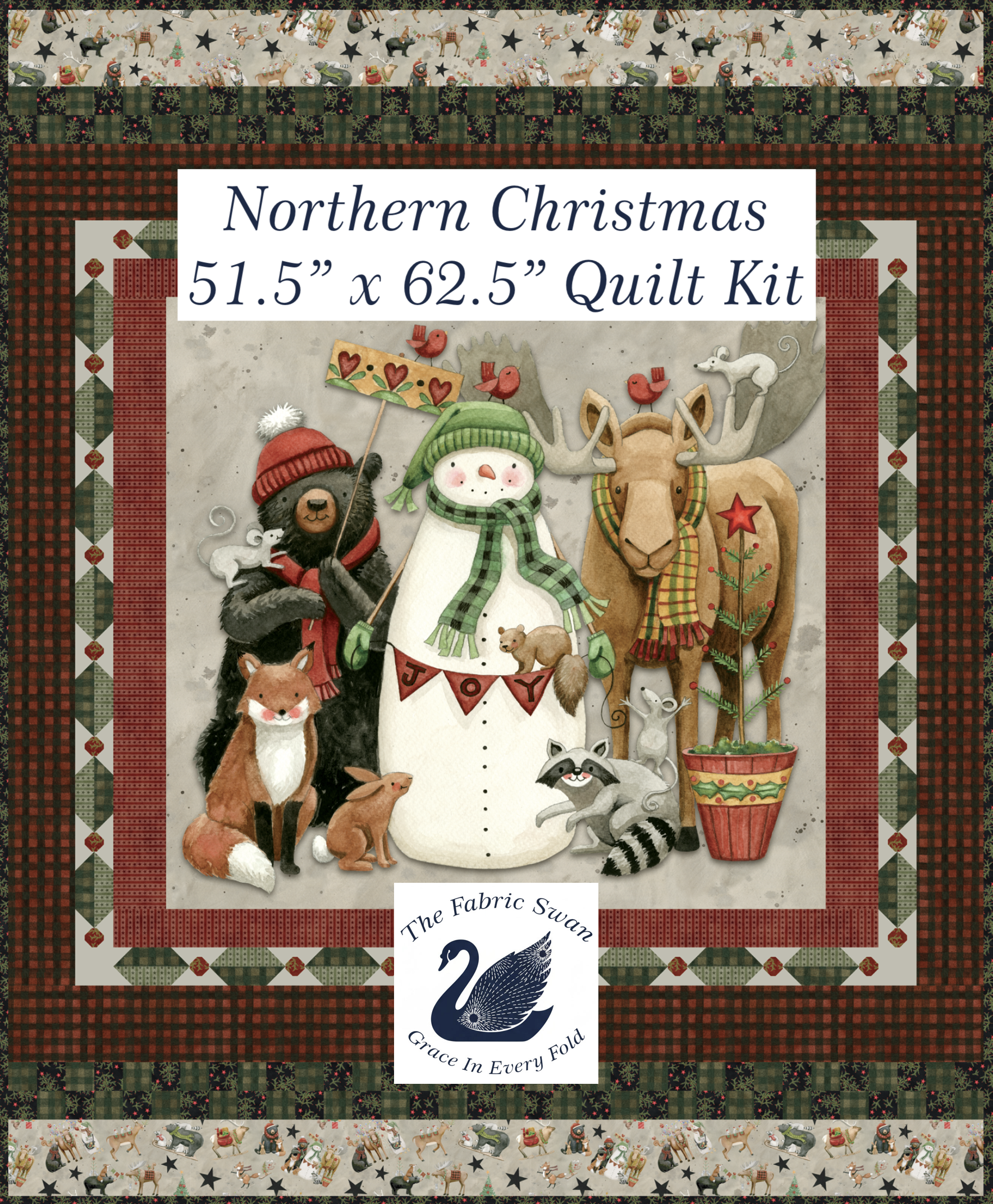 Northern Christmas Quilt Kit 51.5x62.5", Forest Animals, Snowman, Free Pattern, Riley Blake