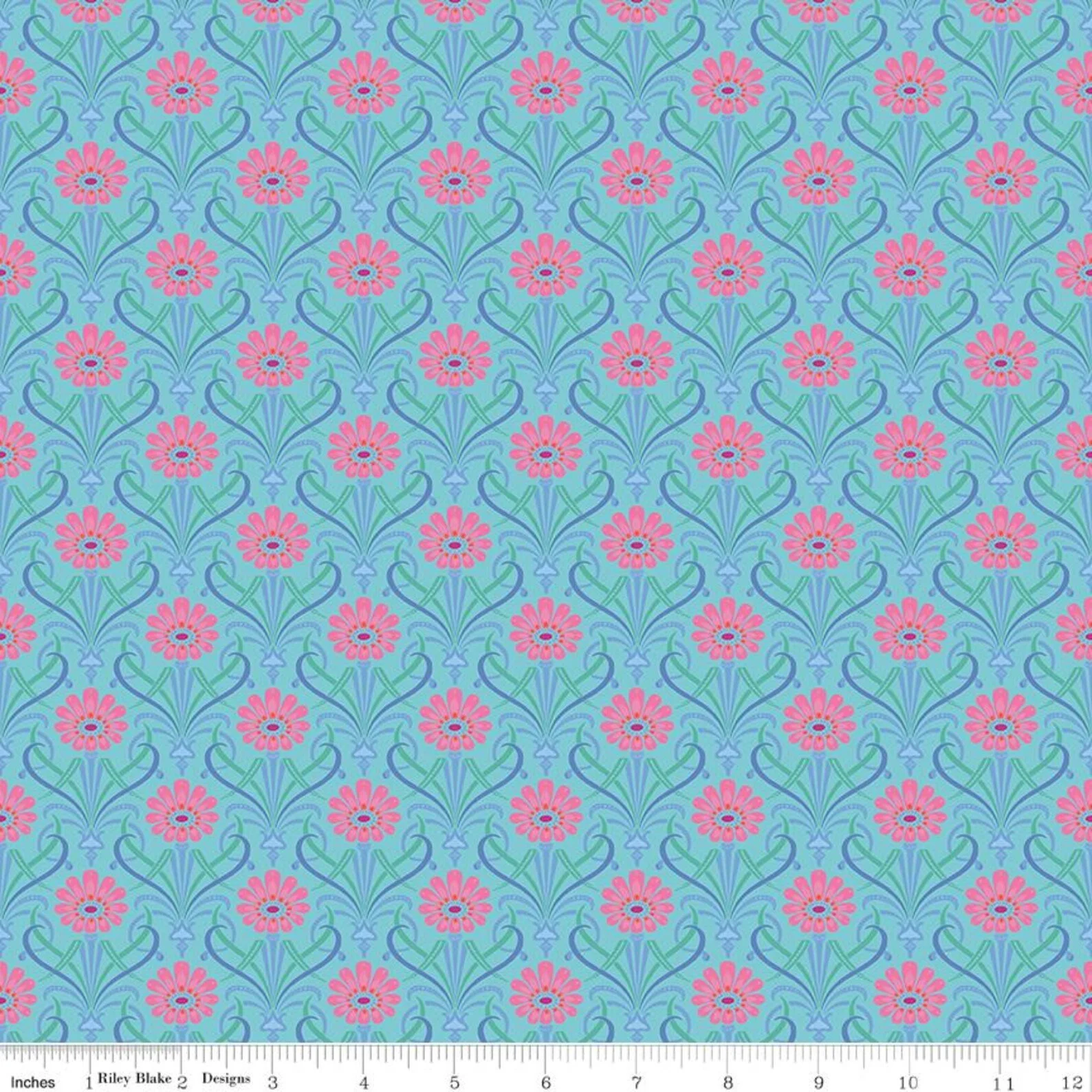 Kipling Gardens Fairweather Blue, Damask Pink Floral Fabric, Quilting Cotton, Lily Ashbury, Riley Blake